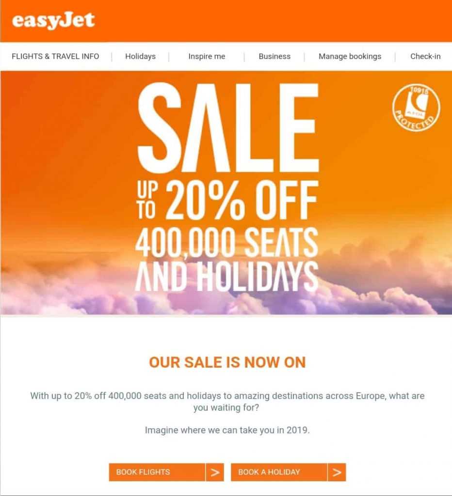 EasyJet 20% di sconto su 400000 posti e vacanze.